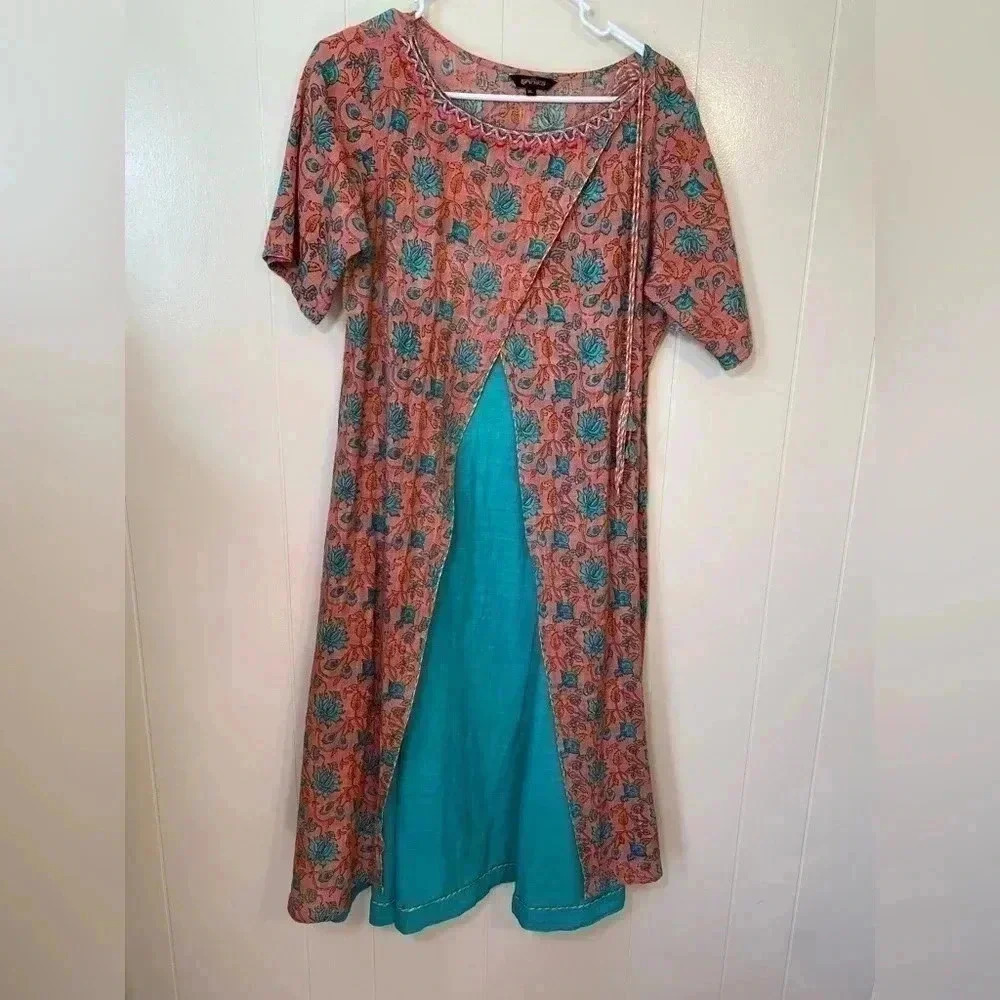 Srinika Peach & Teal East India Inspired Faux Wrap  Boho Underlay Dress, Size XL